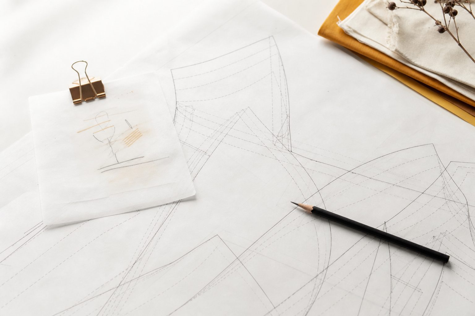 Printed pattern page on a white desk with a small correction slip clipped to the top corner