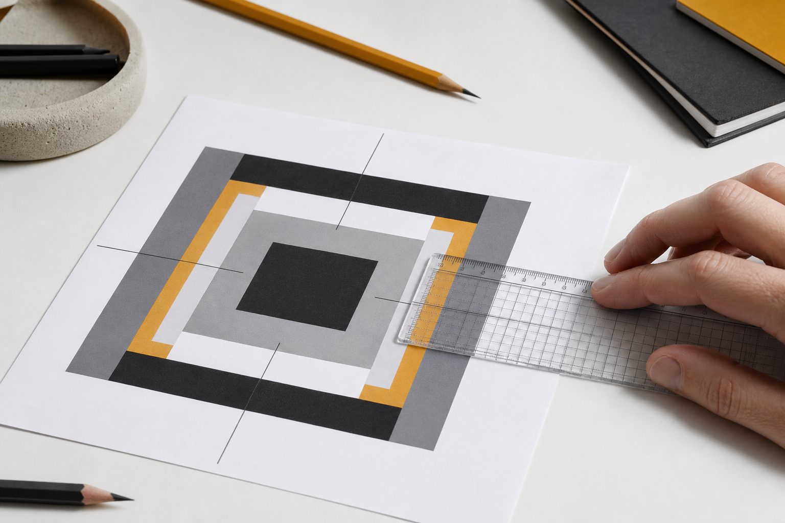 Clear ruler measuring a printed test square on a bright white desk