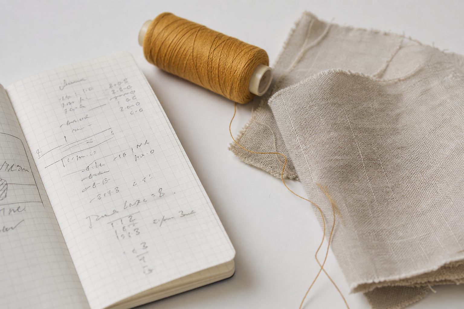 Notebook of handwritten figures beside a fabric swatch and a warm colored thread spool