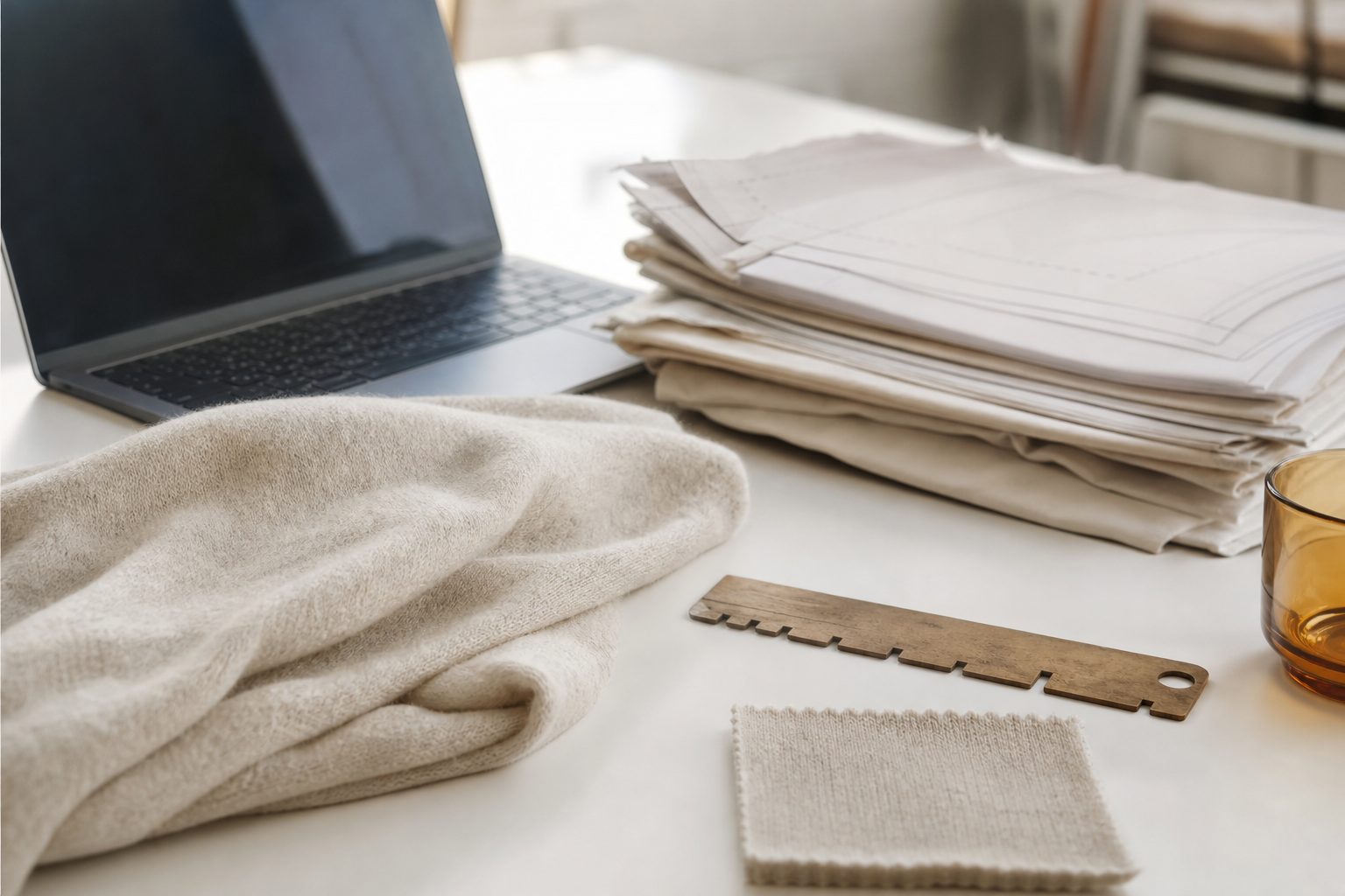 Laptop beside a pale knitted swatch and wooden gauge ruler on a bright white desk