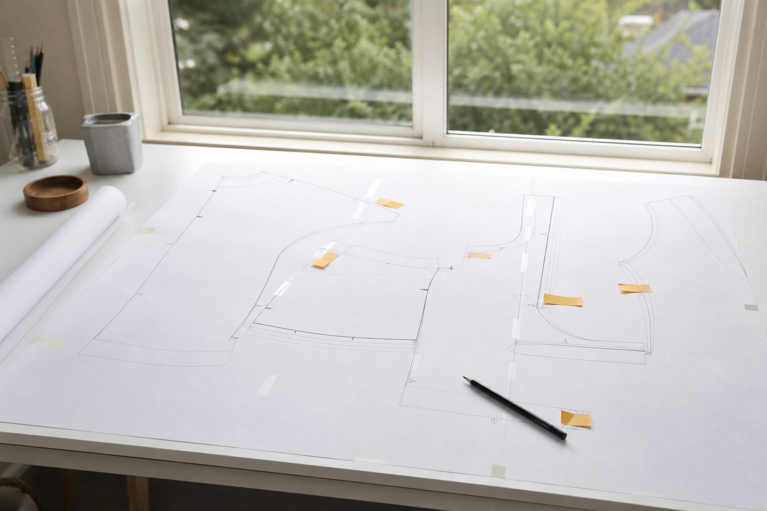Taped together printed sewing pattern pages on a pale drafting table marked with pencil and small orange tabs
