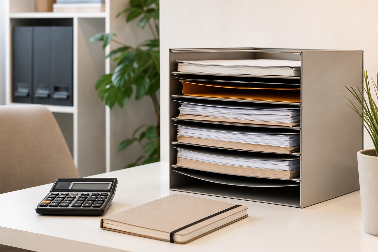 Paper file organizer, calculator and notebook on a bright white home office table