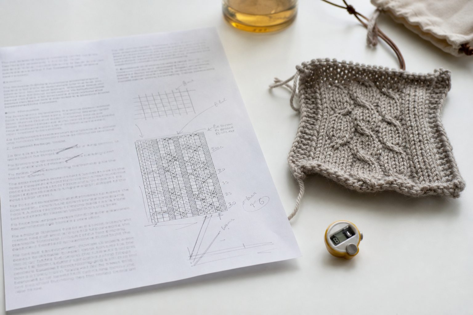 Annotated knitting pattern printout with a swatch and row counter on a bright white desk