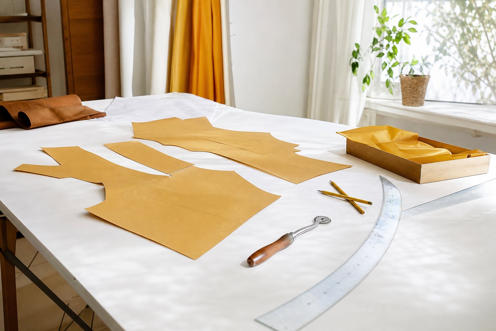 Paper pattern pieces, a curved ruler, a tracing wheel and pencils laid out on a bright sewing studio drafting table